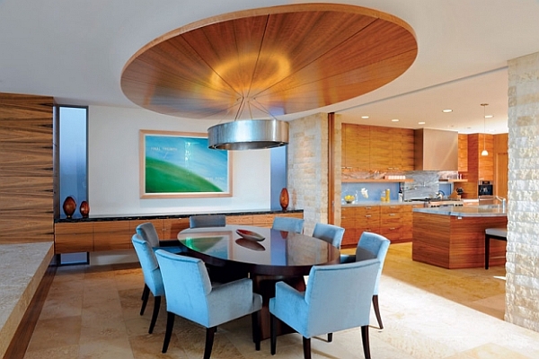 Modern Dining Wrapped Epic Modern Dining Room With Wrapped Ceiling Design Interior With Blue Chair Furniture And Unique Ceiling Decoration Ideas Dining Room Comfortable Table Furniture Arrangement For A Dining Room Layout
