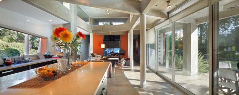 Evm House Door Extraordinary EVM House Interior Glass Door Marble Countertop On Wood Kitchen Island Contemporary Sofa Set Minimalist Kitchen Cabinet Dream Homes Impressive Orange House For Stunning Modern Living Place