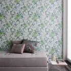 Catching Green Idea Eye Catching Green Floral Wallpaper Idea Covering Apartment On The Waterfront Lounge Center Wall For Grey Bench Apartments Scandinavian Interior Design With Minimalist Round Dining Table