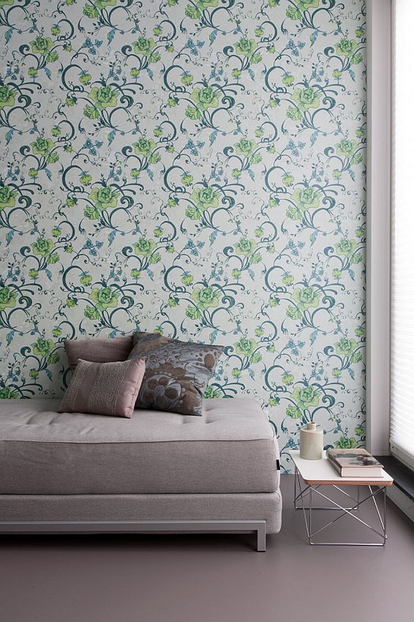 Catching Green Idea Eye Catching Green Floral Wallpaper Idea Covering Apartment On The Waterfront Lounge Center Wall For Grey Bench Apartments Scandinavian Interior Design With Minimalist Round Dining Table
