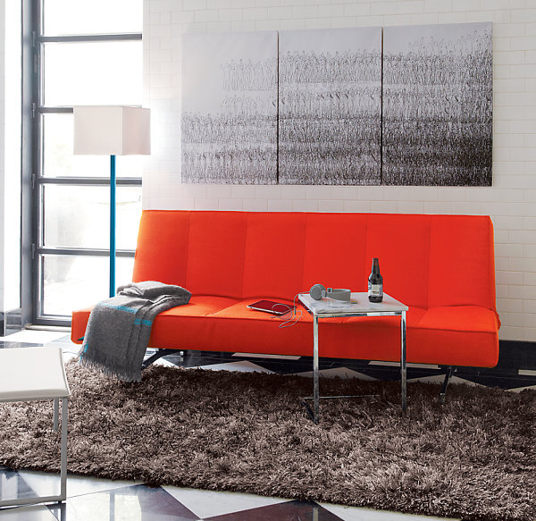 Catching Orange Sofa Eye Catching Orange Tufted Sleeper Sofa Coupled With Minimalist Mirrored Coffee Table Designed In C Letter Shape Dream Homes  Stunning Modern Interior Design For Multi-Function Room