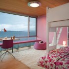 Pink Themed Girls Feminine Pink Themed Graham House Girls Bedroom With Stylish Bench And Floating Desk Swivel Chair And Bunk Bed Dream Homes Creative Contemporary Home For Elegant And Unusual Cantilevered Appearance