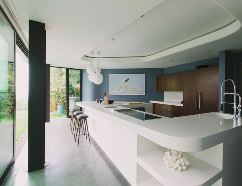 Pendant Light Kitchen Futuristic Pendant Light Above White Kitchen Bar Countertop Wood Kitchen Cabinet Cushy Padded Bar Stools In Green Greenberg Green House Architecture  Curvy Futuristic Home Presenting Futuristic Gray And White Themes