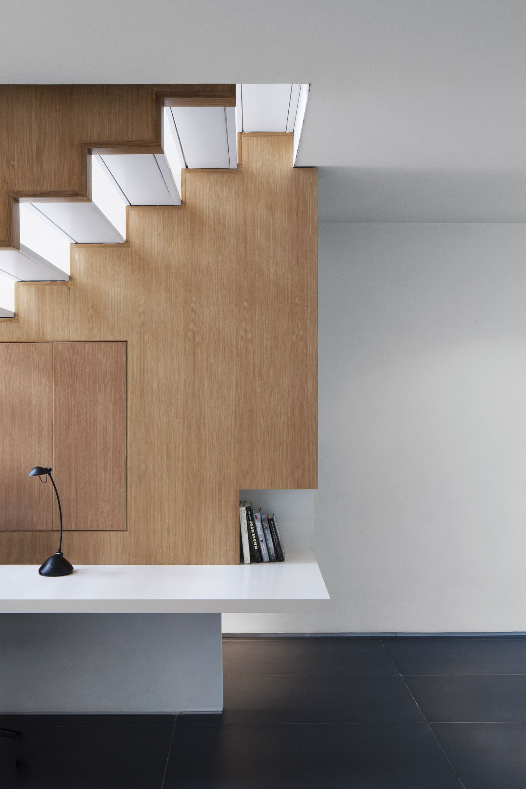 White Painted Workspace Minimalist White Painted K House Workspace Built Under Unique Wooden Staircase With Semi Transparent Steps Furniture Beautiful Industrial Furniture Design For Cozy And Comfortable Rooms