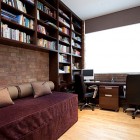 Home Office Maroon Modern Home Office With Comfortable Maroon Quilted Sofa Bed With Built In Wall Bookshelf Remaining Brick Backsplash Dream Homes Stunning Modern Interior Design For Multi-Function Room