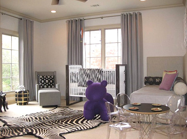 Nursery Room With Modern Nursery Room Interior Decor With Huge Purple Doll To Strike Black And White Zebra Print Room Interior Theme Dream Homes  Stunning Modern Interior Design For Multi-Function Room