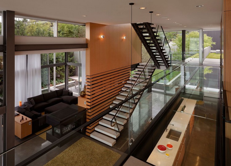 Graham House Displaying Open Graham House Interior Appearance Displaying Transparent Sliding Glass Doors Staircase And Cool Pendants Dream Homes Creative Contemporary Home For Elegant And Unusual Cantilevered Appearance
