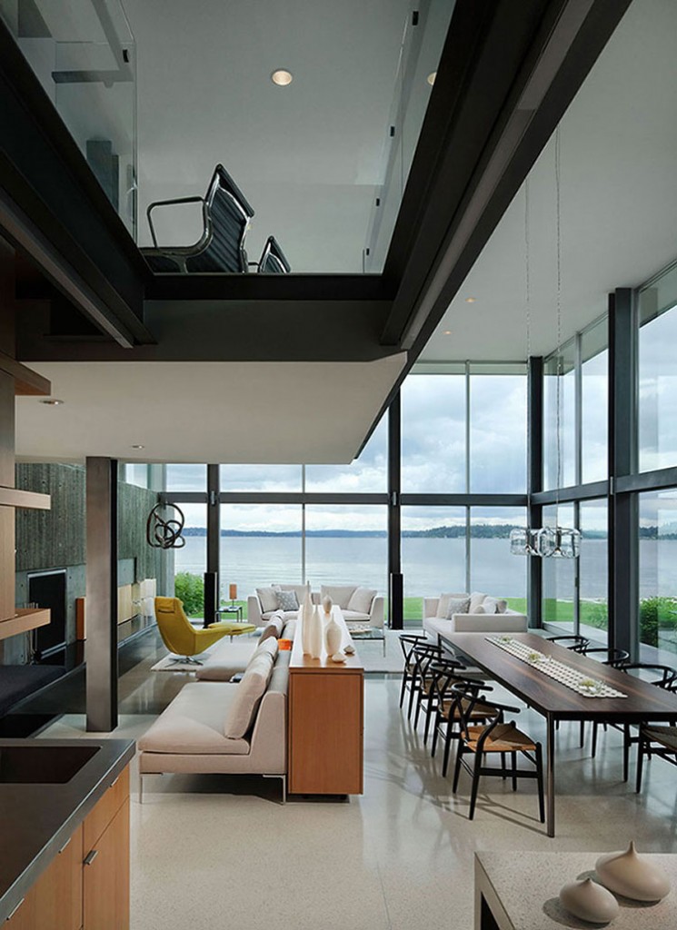 Graham House Dining Open Graham House Interior Integrating Dining And TV Room With Pendants Installed As Illumination Above Table Dream Homes Creative Contemporary Home For Elegant And Unusual Cantilevered Appearance