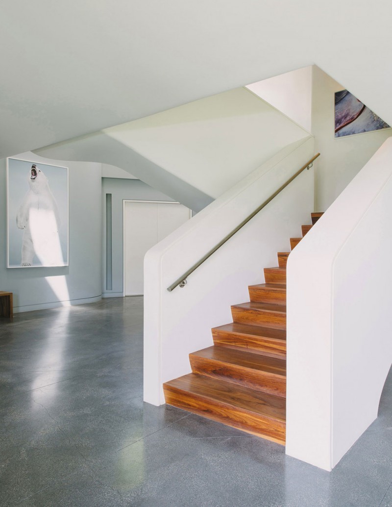 Marble Floor Staircase Sleek Marble Floor And Steep Staircase With Concrete Railing In Green Greenberg Green House Artistic Painting Minimalist White Door Architecture Curvy Futuristic Home Presenting Futuristic Gray And White Themes