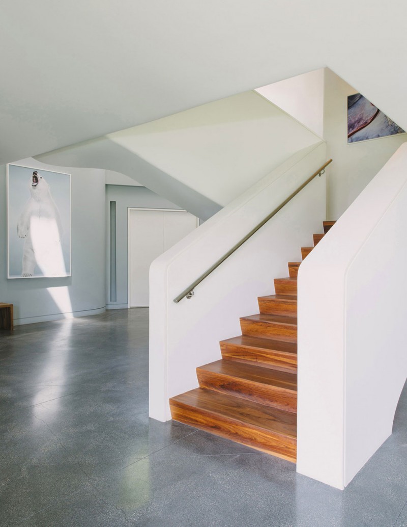 Marble Floor Staircase Sleek Marble Floor And Steep Staircase With Concrete Railing In Green Greenberg Green House Artistic Painting Minimalist White Door Architecture  Curvy Futuristic Home Presenting Futuristic Gray And White Themes