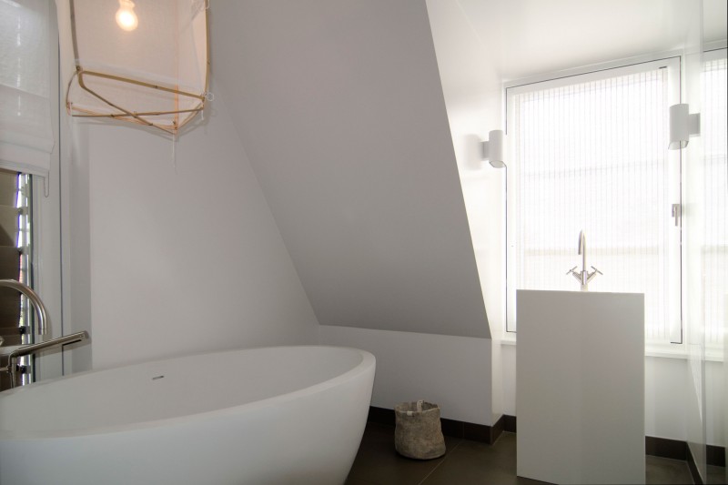 White Themed In Small White Themed Holiday Home In Vlieland Master Bathroom In Attic Area Illuminated By Classic Pendant Dream Homes Classic Home Exterior Hiding Stylish Interior Decorations