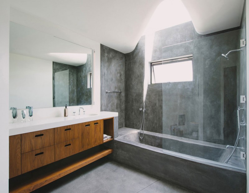 Concrete Wall Bathroom Tough Concrete Wall Lacquered Wood Bathroom Vanity With White Sink Rectangular Mirror Glass Wall Stainless Steel Shower In Green Greenberg Green House Architecture Curvy Futuristic Home Presenting Futuristic Gray And White Themes