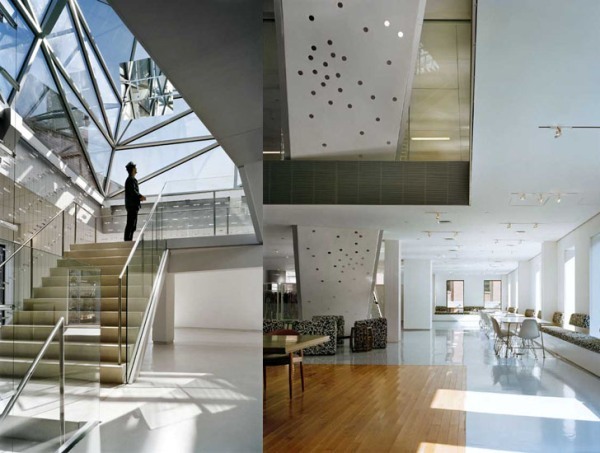 Polka Dots Under Unique Polka Dots Detail Attached Under Green Roofed Penthouse Apartment Staircase Enhanced With Glass As Wall Decoration  Modern Townhouse Design With Fascinating Rooftop Garden And Glass Walls