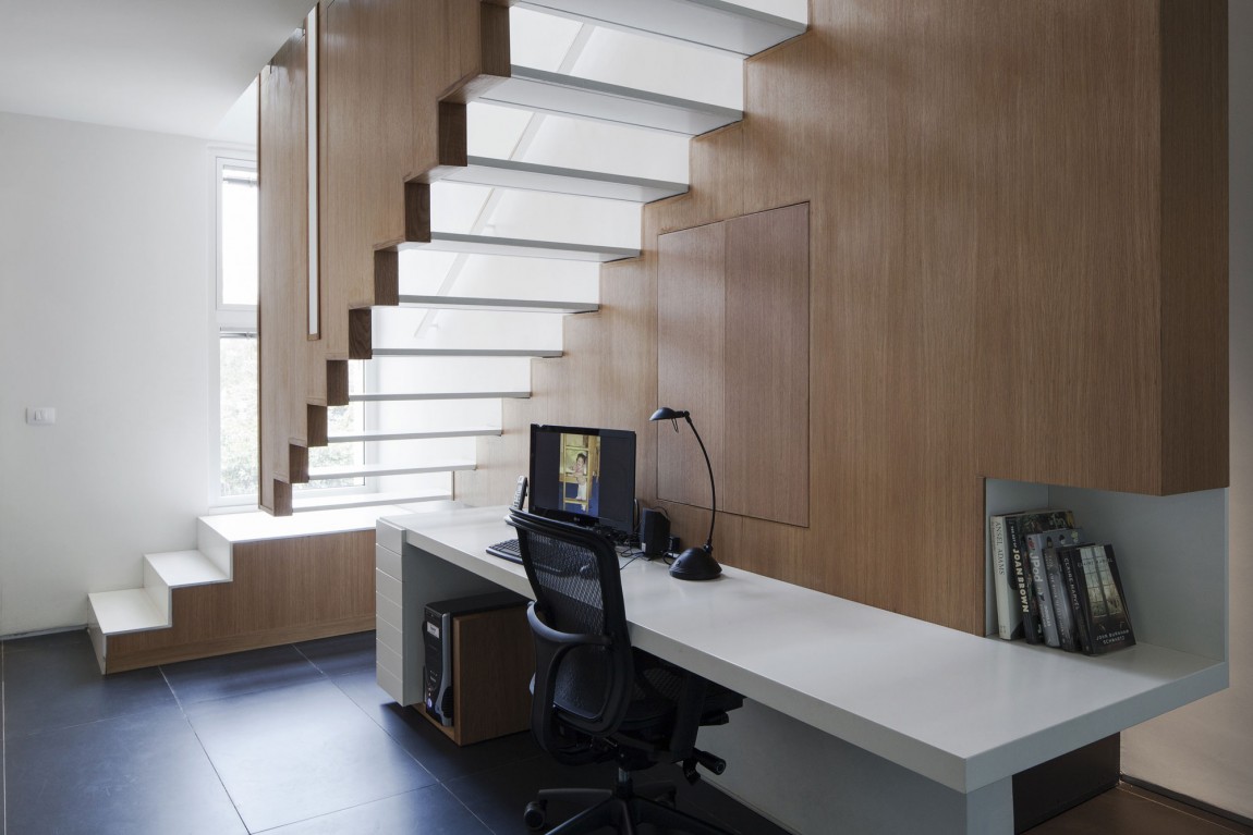 K House Idea Uplifting K House Transparent Staircase Idea With White Steps And Wooden Balustrade To Keep Workspace Under It Bright Office & Workspace Beautiful Industrial Furniture Design For Cozy And Comfortable Rooms