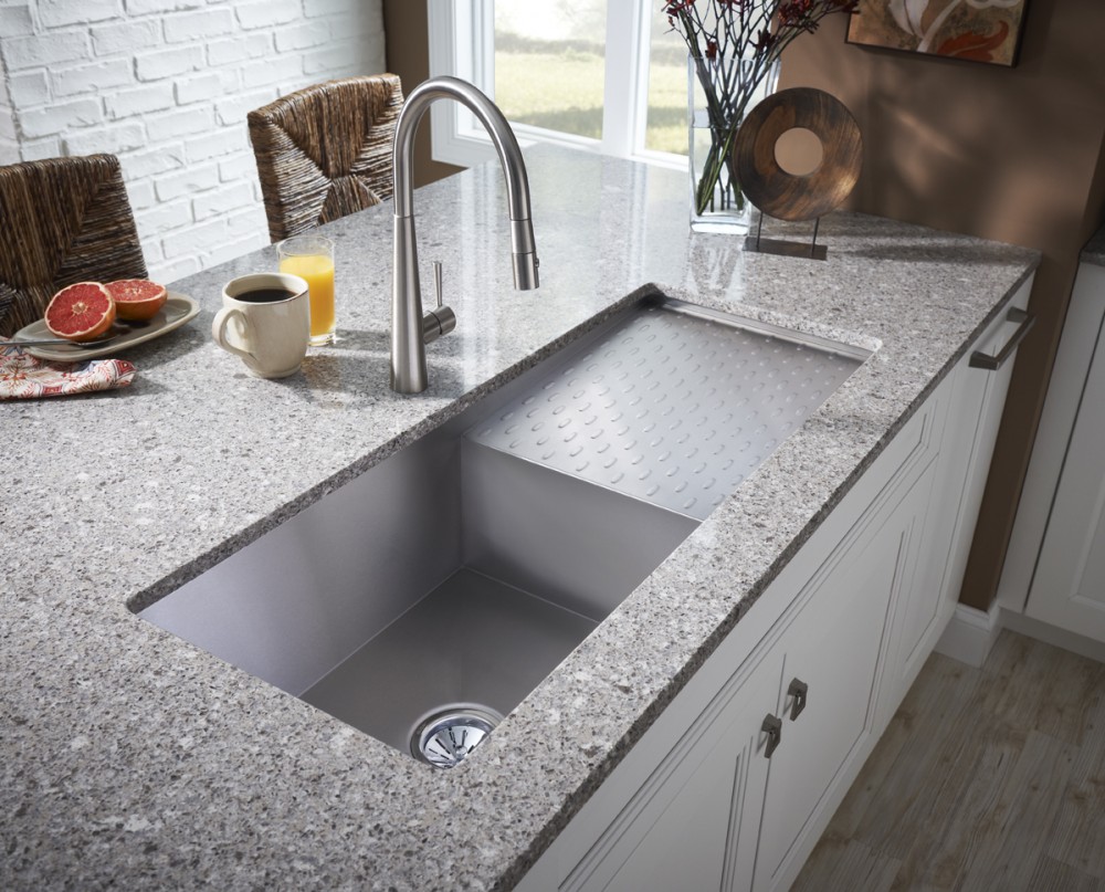 Counter With Countertop White Counter With Grey Quartz Countertop And Glossy Under Mount Stainless Steel Kitchen Sink Near Interesting Stools Kitchens Simple Undermount Stainless Steel Kitchen Sinks You Have To Know