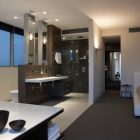 Bathroom Area In Crowded Bathroom Area With Cups In Black Design And Glass Wall That Pendant Lamps Completed The Sensory Interior Delight Residence Decor Dream Homes Stunning Urban Interior Design With Glass And Metal Elements