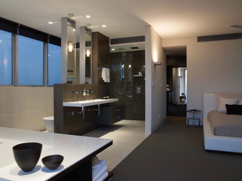 Bathroom Area In Crowded Bathroom Area With Cups In Black Design And Glass Wall That Pendant Lamps Completed The Sensory Interior Delight Residence Decor Dream Homes  Stunning Urban Interior Design With Glass And Metal Elements