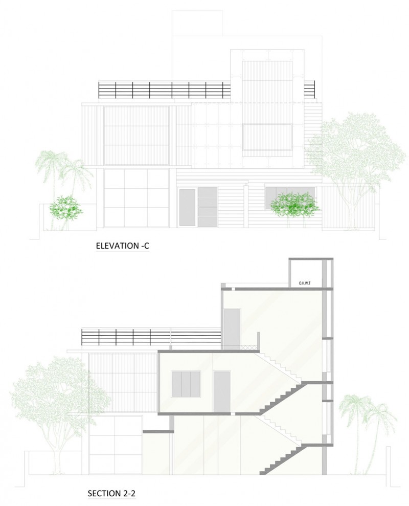 Asian Style Sketch Eclectic Asian Style Green House Sketch With Three Levels Nice Facade Design Plan With Horizontal Striped Wall Cladding Interior Design Eco-Friendly Modern Green Home With Exposed Red Brick Walls