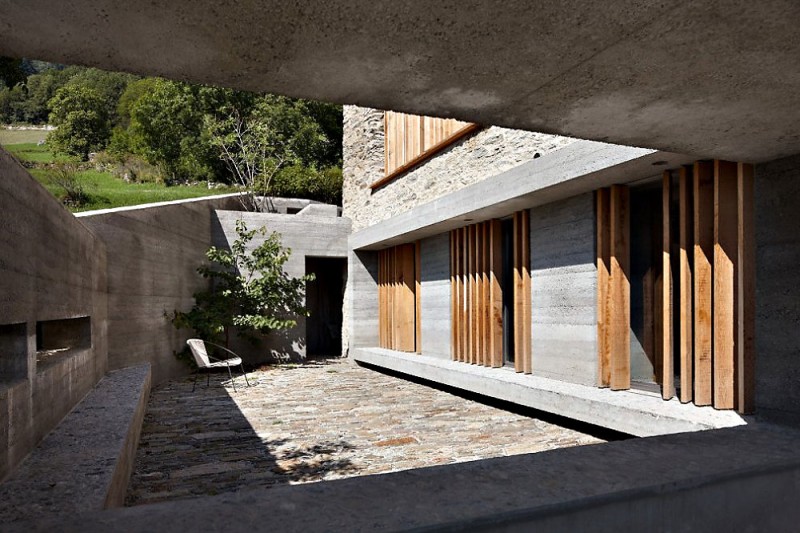 Barn In Courtyard Open Barn In Soglio Home Courtyard Area Surrounded By Grey Stone Wall To Hit Wood Covering The Windows Decoration An Old Barn Turned Into Eclectic Contemporary House With Stone Walls And Wood Shutters