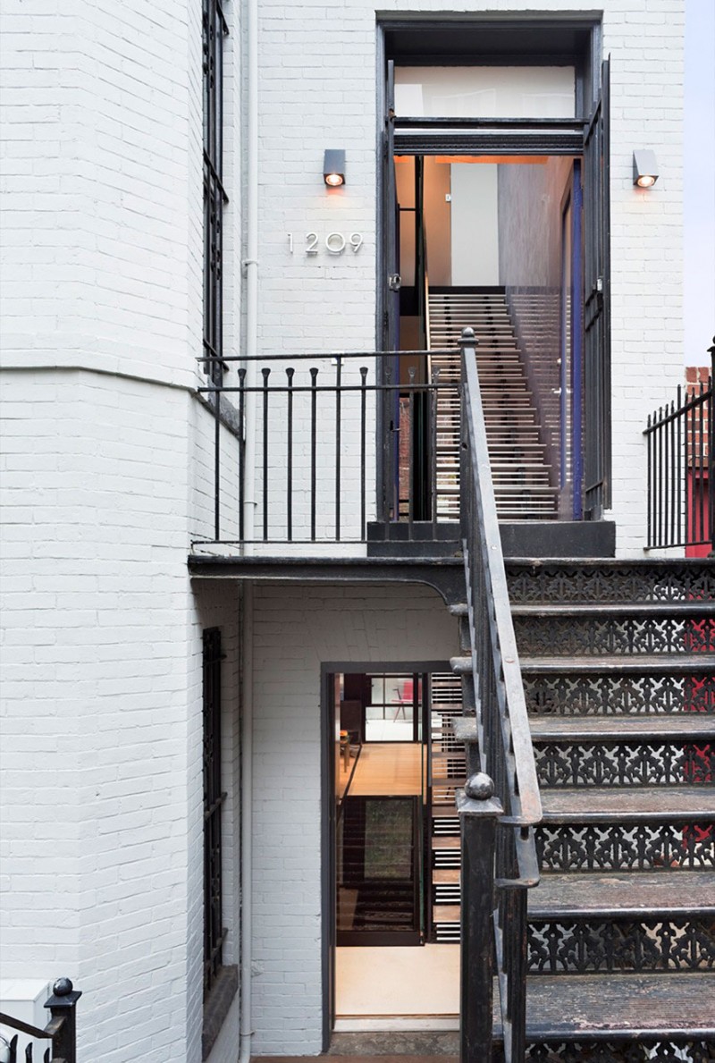 Dark Staircase Railing Antique Dark Staircase With Metallic Railing White Brick Wall Modern Wall Light Geometric Staircase In Lorber Tarler House Dream Homes  Old House Turned Into A Stylish Modern Residence For Urban Dwelling