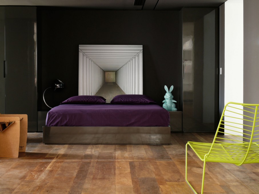 Contemporary Houssein Interior Artistic Contemporary Houssein Apartment Bedroom Interior With Low Profile Bed With Purple Covered Mattress And Pillows With Eye Catching Wall Art Apartments Fascinating Modern-Industrial Apartment With Beautiful Sophisticated Accent