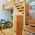 Loft Bed With Attractive Loft Bed From Wood With Wooden Drawers Wooden Staircase White Ceiling Grey Wall And Hardwood Floor Kids Room 21 Cool Modern Kids Room With Colorful Furniture Touches