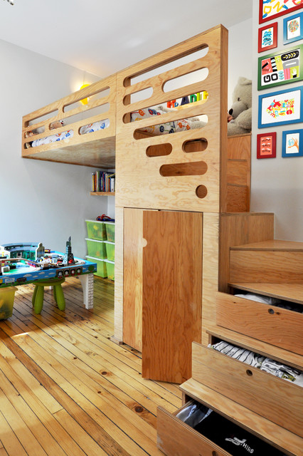 Loft Bed With Attractive Loft Bed From Wood With Wooden Drawers Wooden Staircase White Ceiling Grey Wall And Hardwood Floor Kids Room 21 Cool Modern Kids Room With Colorful Furniture Touches