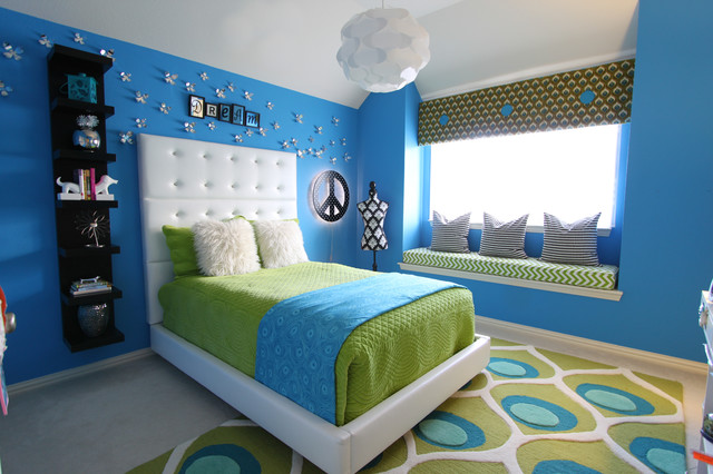 Bedroom Ideas Applied Charming Bedroom Ideas For Girls Applied Blue Painted Wall And Bay Window Decorated By Dark Wood Wall Shelving And Tufted Headboard Bedroom Lovely Bedroom Ideas For Girls With Fun And Colorful Furniture
