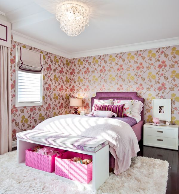 Girls Bedroom Floral Chic Girls Bedroom With Cheerful Floral Patterned Wallpaper In Pink And Magenta And White To Hit Dark Wood Floor Bedroom  35 Stylish Upholstered Bedroom Bench For Large Bedroom Sets