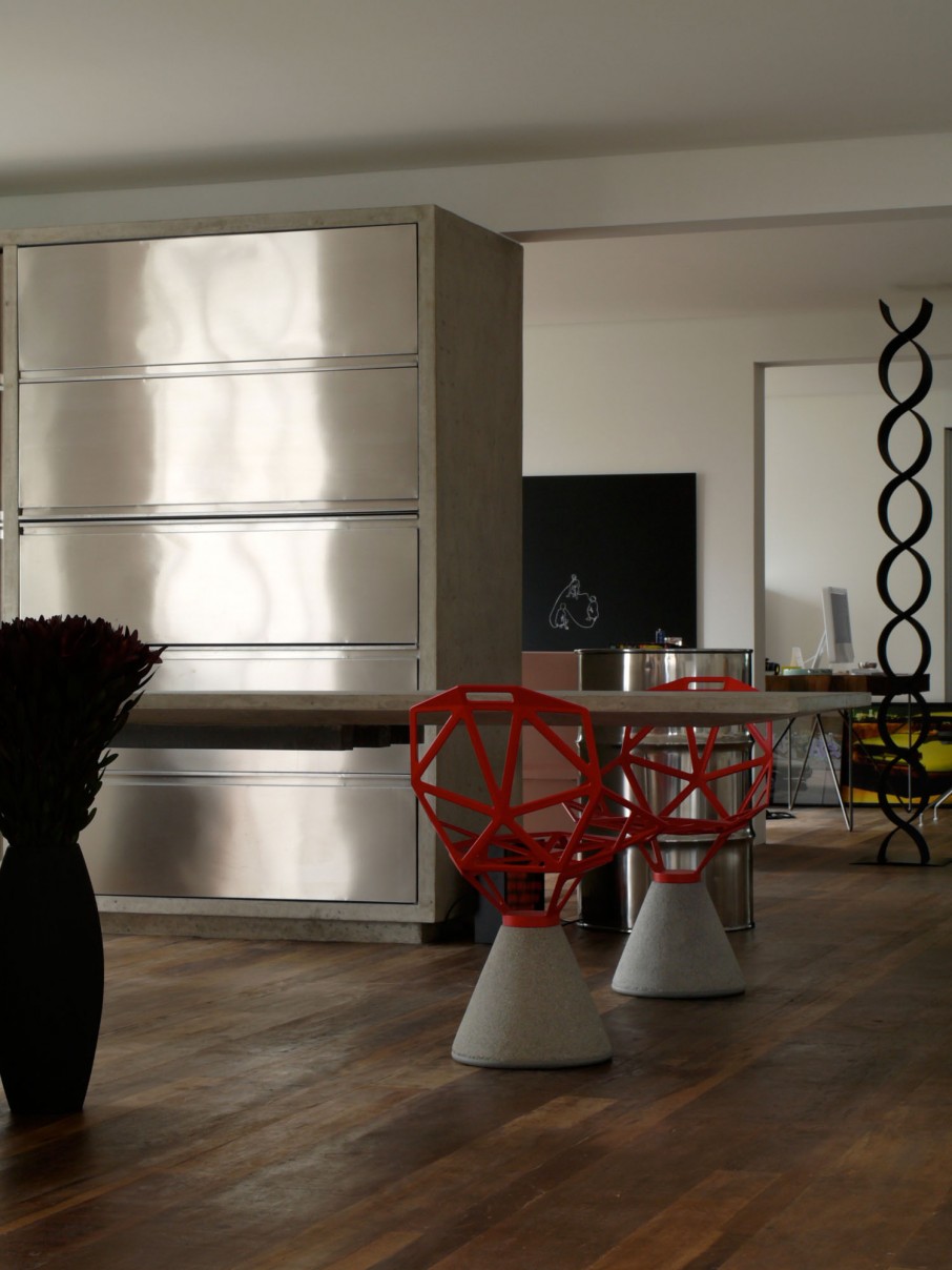 Touches With And Colorful Touches With Red Grey And Black Accent Completing Contemporary Houssein Apartment Entertainment Space In More Attractive Look Apartments  Fascinating Modern-Industrial Apartment With Beautiful Sophisticated Accent