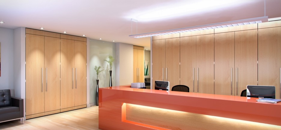 Illuminated Front Made Commercial Illuminated Front Desk Design Made From Chic Wooden Material Office Interior Designs Of Front Line Office & Workspace Classy Office Interior Design In Creative Ultramodern Style And Practicality
