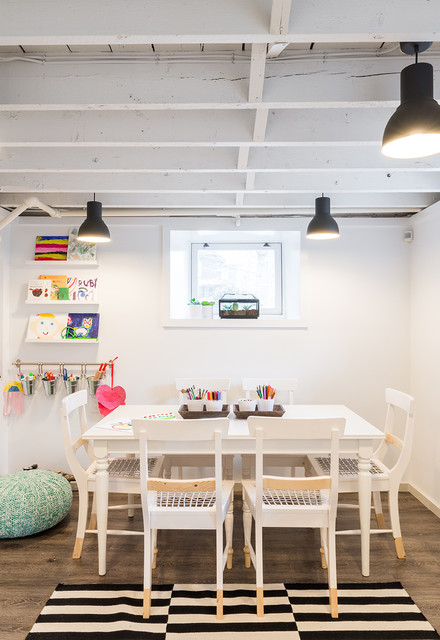 Play Room Kids Cozy Modern Playroom For The Kids With White Table White Chairs White Beams And Wooden Floor Kids Room  21 Cool Modern Kids Room With Colorful Furniture Touches