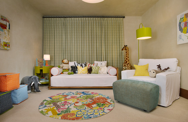 Traditional Kids With Cozy Traditional Kids Play Room With Wooden Daybed White Sofa Colorful Carpet And Many Animal Dolls Kids Room  21 Cool Modern Kids Room With Colorful Furniture Touches