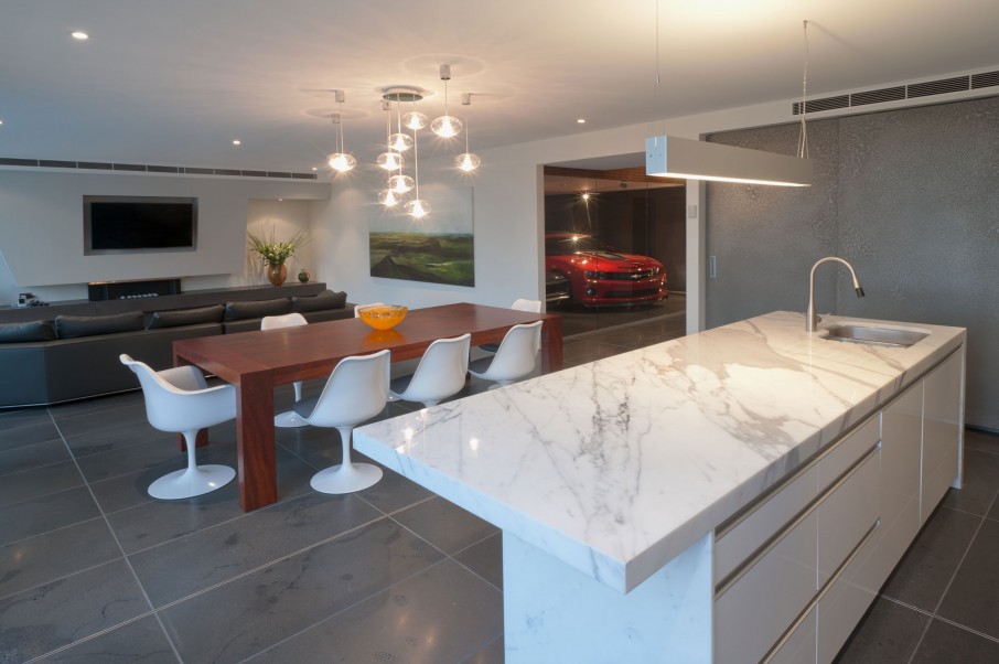 White Marble The Elegant White Marble Panel Covering The Top Of Maribyrnong House Kitchen Island To Enlighten The Gray Kitchen Architecture Lavish And Breathtaking Contemporary Home With Spectacular Exterior Appearance