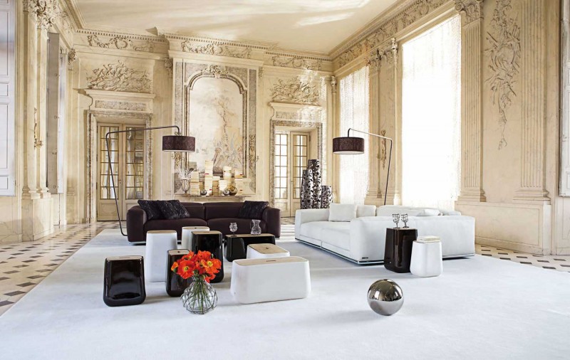 Roche Bobois White Exclusive Roche Bobois Black And White Curving Sofa Set With Glossy Black And White Coffee Table Placed On Center Of Golden Room Interior Design 38 Contemporary Living Room With Modern Sofas Designed By Roche Bobois