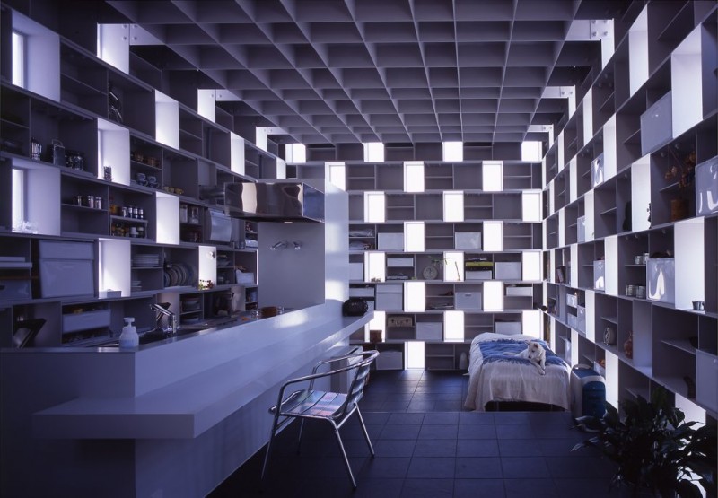 Open Floor Bedroom Fancy Open Floor Kitchen And Bedroom Inside The Brick Cell House With Tiled Flooring Decorated With Open Storage And Small Windows Architecture Unique Contemporary Home In Modern Cube Shape Architecture