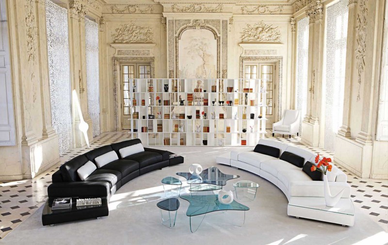 And Bright White Glamorous And Bright Black And White Roche Bobois Sofa Set Designed In Curving Setting With Cool Clear Blue Glass Coffee Tables Interior Design 38 Contemporary Living Room With Modern Sofas Designed By Roche Bobois