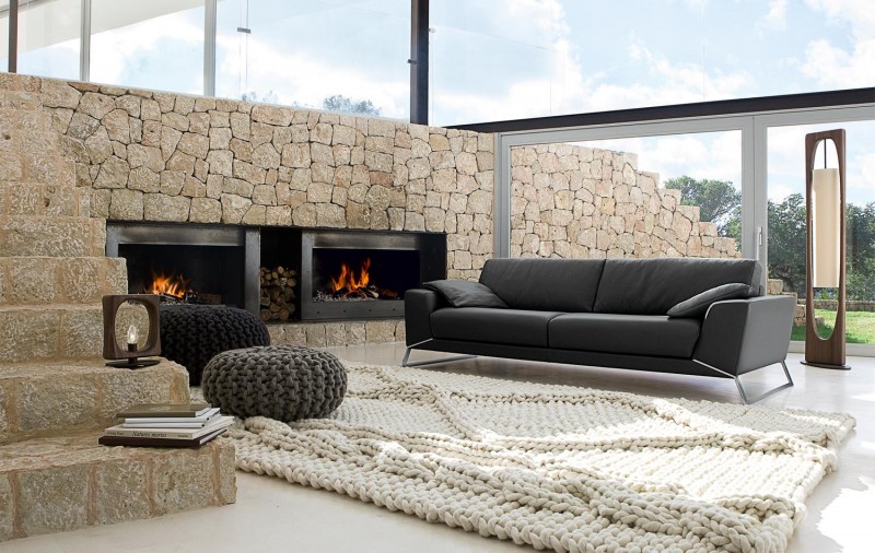 Black Colored Sofa Imposing Black Colored Roche Bobois Sofa Set With Unique Dark Woven Ottomans Located Next To Fireplace Of Lounge Interior Design  38 Contemporary Living Room With Modern Sofas Designed By Roche Bobois