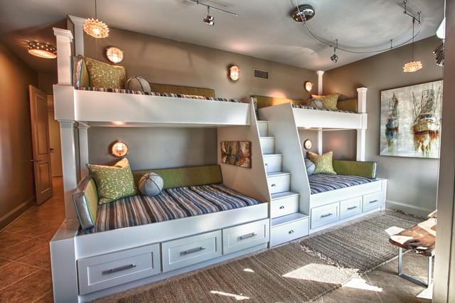 Beach Style For Interesting Beach Style Bunk Bed For The Kids With Attractive Staircase Fluffy Cushions And Many Drawers Kids Room 21 Cool Modern Kids Room With Colorful Furniture Touches