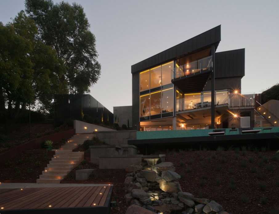 Deck Area Waterfall Inviting Deck Area With Natural Waterfall And Rocks Built On Lower Ground Site Of Maribyrnong House With Steps Architecture Lavish And Breathtaking Contemporary Home With Spectacular Exterior Appearance