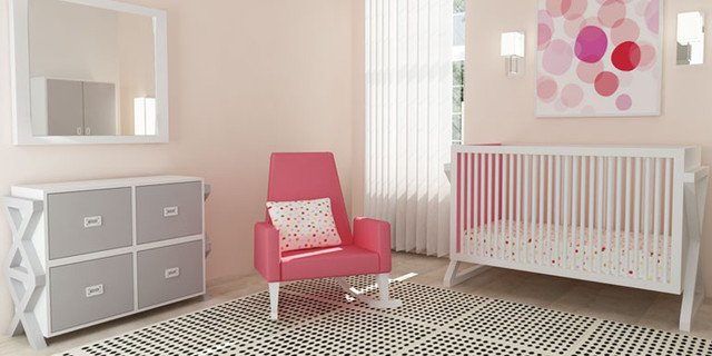 Nursery Space Design Lovely Nursery Space With Modern Design Pink Chair White Crib Grey Drawers And The Wide Mirror Kids Room 21 Cool Modern Kids Room With Colorful Furniture Touches