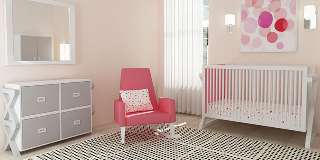 Nursery Space Design Lovely Nursery Space With Modern Design Pink Chair White Crib Grey Drawers And The Wide Mirror Kids Room  21 Cool Modern Kids Room With Colorful Furniture Touches