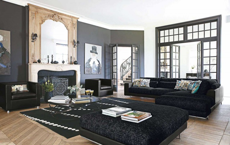 Black Patterned Sofa Luxurious Black Patterned Roche Bobois Sofa Set Completed With Large Square Ottoman For Coffee Table Replacement Interior Design  38 Contemporary Living Room With Modern Sofas Designed By Roche Bobois