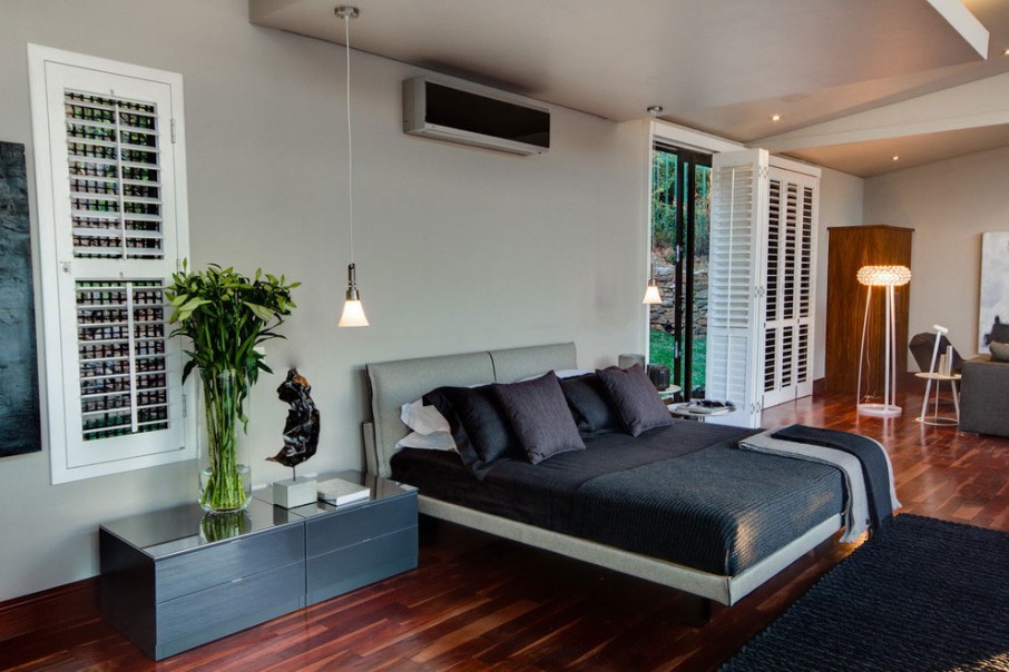 House The Setting Luxurious House The Master Bedroom Setting With A Gray Platform Bed Frame Illuminated By Cone Pendants On The False Ceiling Dream Homes Eclectic Contemporary Home In Hip And Vibrant Interior Style