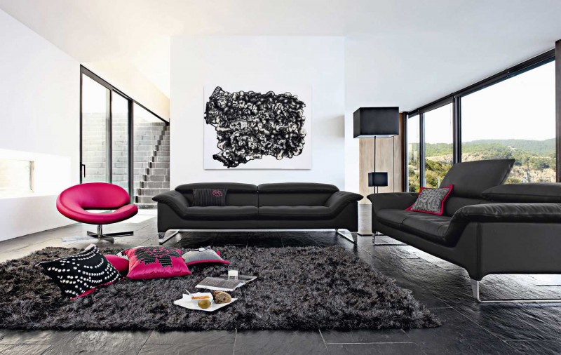 Modern Living With Luxurious Modern Living Room Furnished With Dark Black Roche Bobois Sofa Set Coupled With Electric Pink Swivel Chair To Match Dark And White Lounge Interior Design 38 Contemporary Living Room With Modern Sofas Designed By Roche Bobois