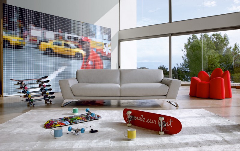 Light Gray Bobois Minimalist Light Gray Colored Roche Bobois Sofa Set Coupled With Unique Shaped Chair In Red With Some Skateboards On Rug Interior Design  38 Contemporary Living Room With Modern Sofas Designed By Roche Bobois