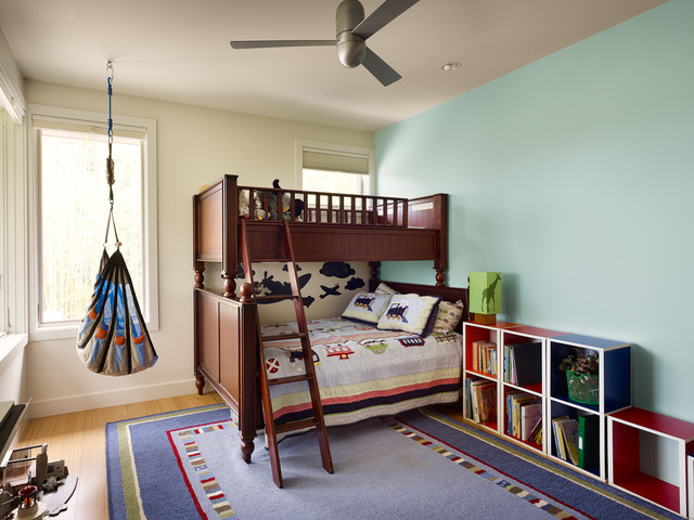 Yet Traditional With Minimalist Yet Traditional Kids Bedroom With Wooden Bunk Bed Blue Carpet Hardwood Floor And Colorful Shelves Kids Room  21 Cool Modern Kids Room With Colorful Furniture Touches