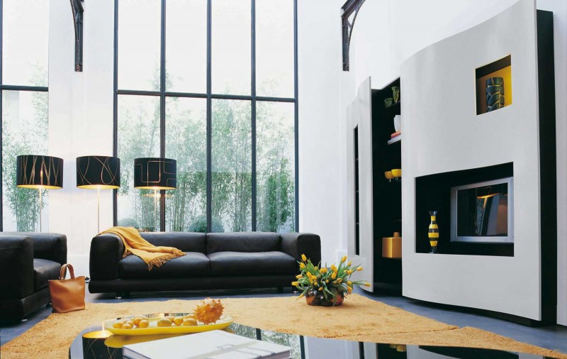 Black Colored Sofa Modern Black Colored Roche Bobois Sofa Set Placed On Vibrant Yellow Rug Setting In Front Of TV Unit Interior Design 38 Contemporary Living Room With Modern Sofas Designed By Roche Bobois