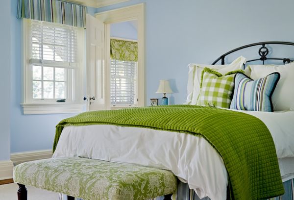 Green And Design Refreshing Green And Blue Bedroom Design Furnished With Floral Patterned Green Bench To Match Green Blanket On The Bed Bedroom 35 Stylish Upholstered Bedroom Bench For Large Bedroom Sets