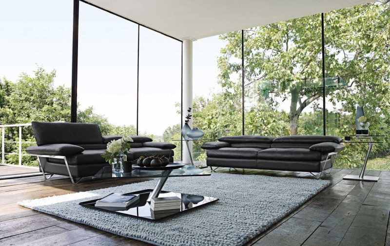 Black Colored Sofa Simple Black Colored Roche Bobois Sofa Set With Asymmetric Dark Glass Coffee Table Located On Gray Rug Interior Design  38 Contemporary Living Room With Modern Sofas Designed By Roche Bobois